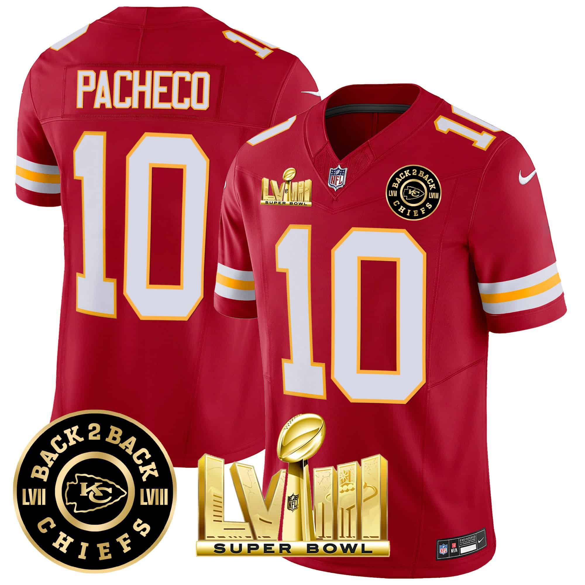 Men Kansas City Chiefs #10 Pacheco Red 2024 Nike Super Bowl LVIII & Back-2-Back Patch Vapor NFL Jersey style 3
